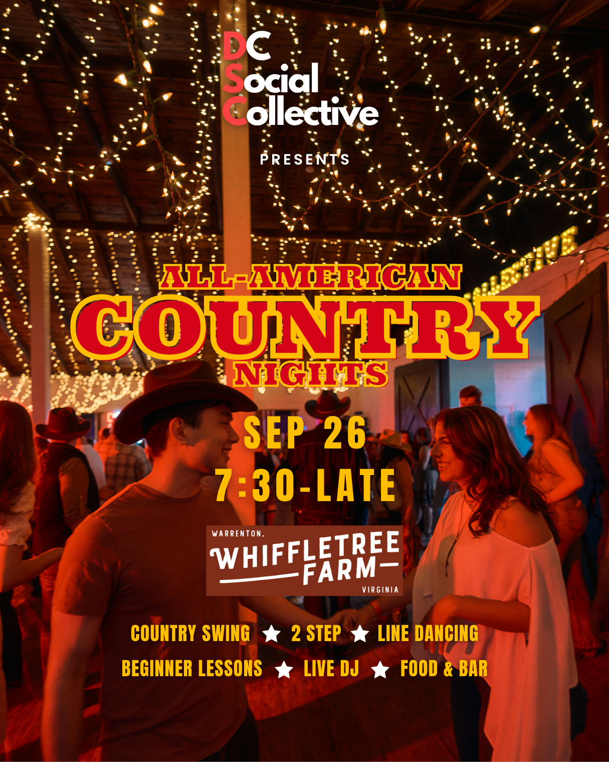 All-American Country Nights flyer: Saturday, September 26, 7:30 PM, Whiffletree Farm, Warrenton, Virginia